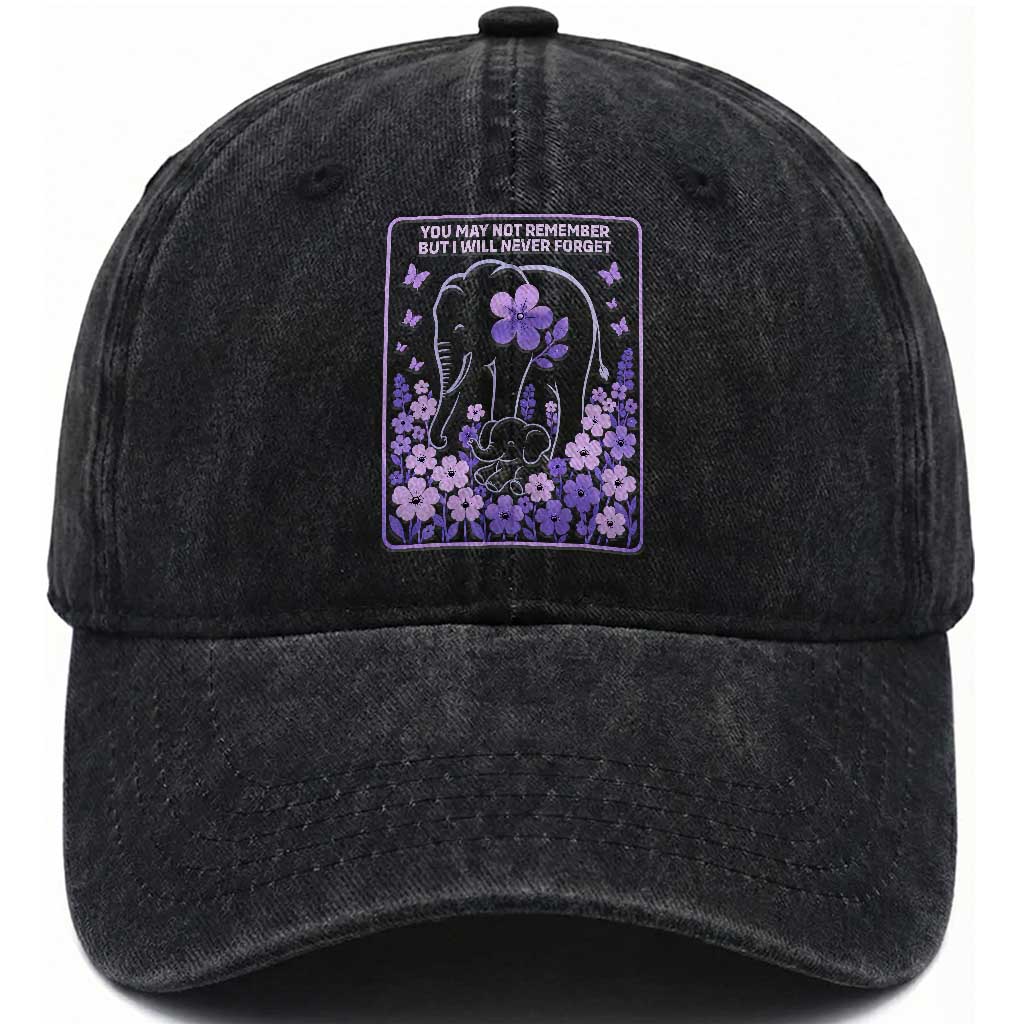 Elephant Alzheimers Purple Floral Support Washed Cotton Baseball Cap You May Not Remember But I Will Never Forget TS12 Print Your Wear
