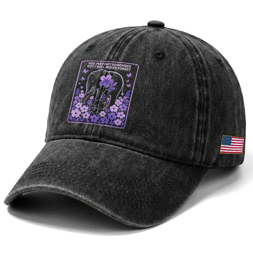 Elephant Alzheimers Purple Floral Support Washed Cotton Baseball Cap You May Not Remember But I Will Never Forget