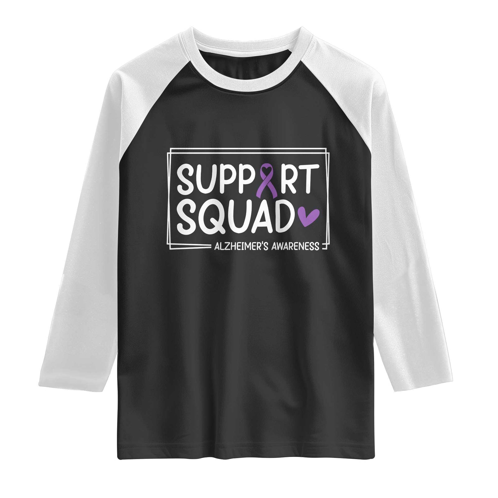 Support Squad Alzheimers Raglan Shirt Purple Ribbon Hope Strength Love TS12 Black White Print Your Wear
