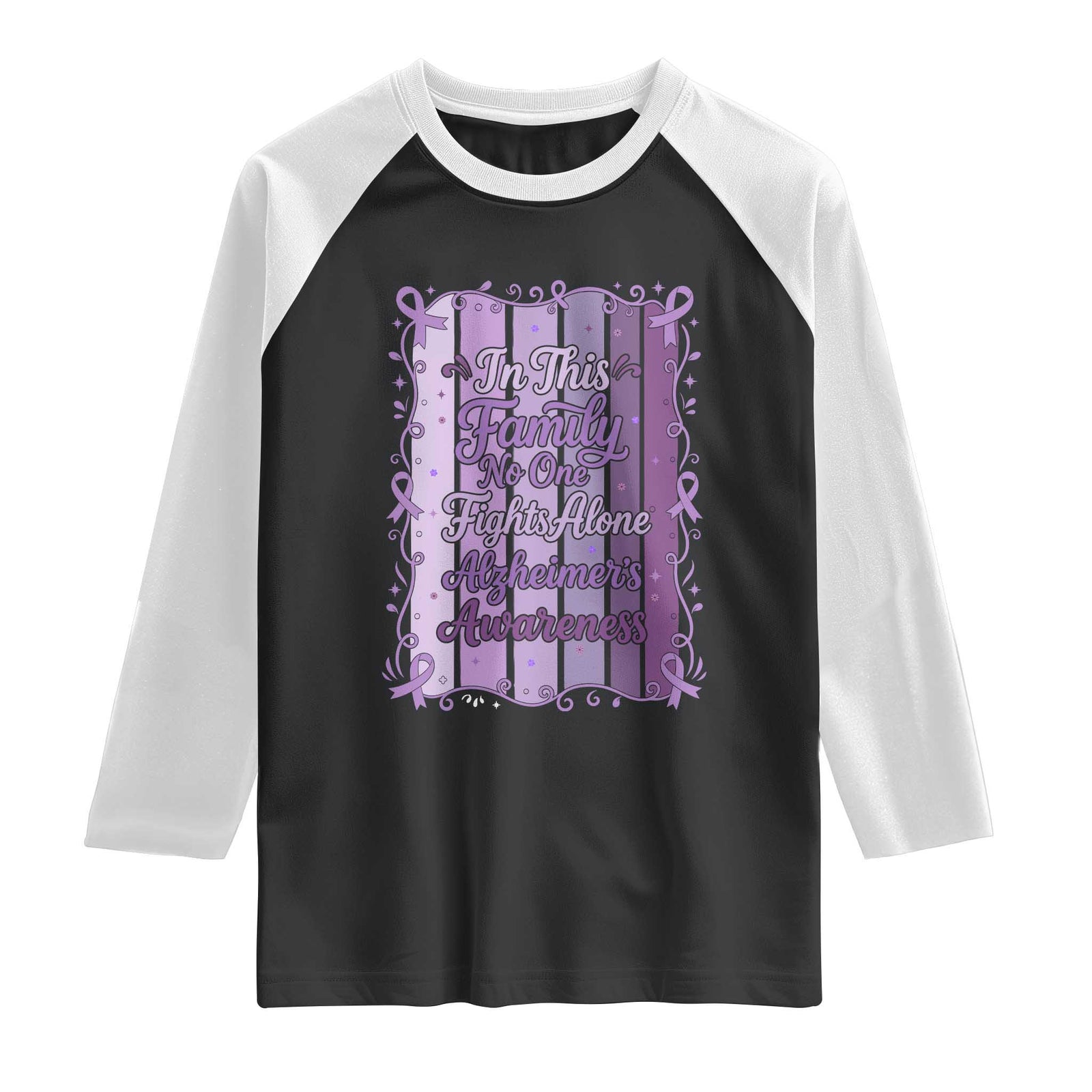 Purple Ribbon Alzheimers Caregiver Squad Gift Raglan Shirt In This Family We Support Together TS12 Black White Print Your Wear