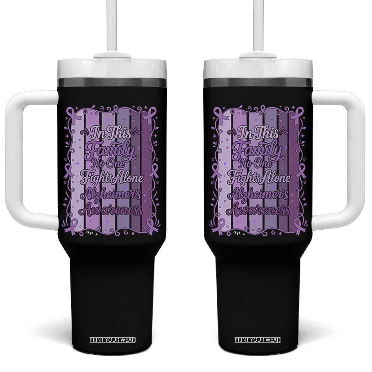 Purple Ribbon Alzheimers Caregiver Squad Gift Tumbler With Handle In This Family We Support Together