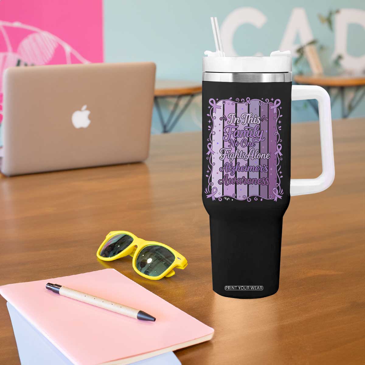 Purple Ribbon Alzheimers Caregiver Squad Gift Tumbler With Handle In This Family We Support Together