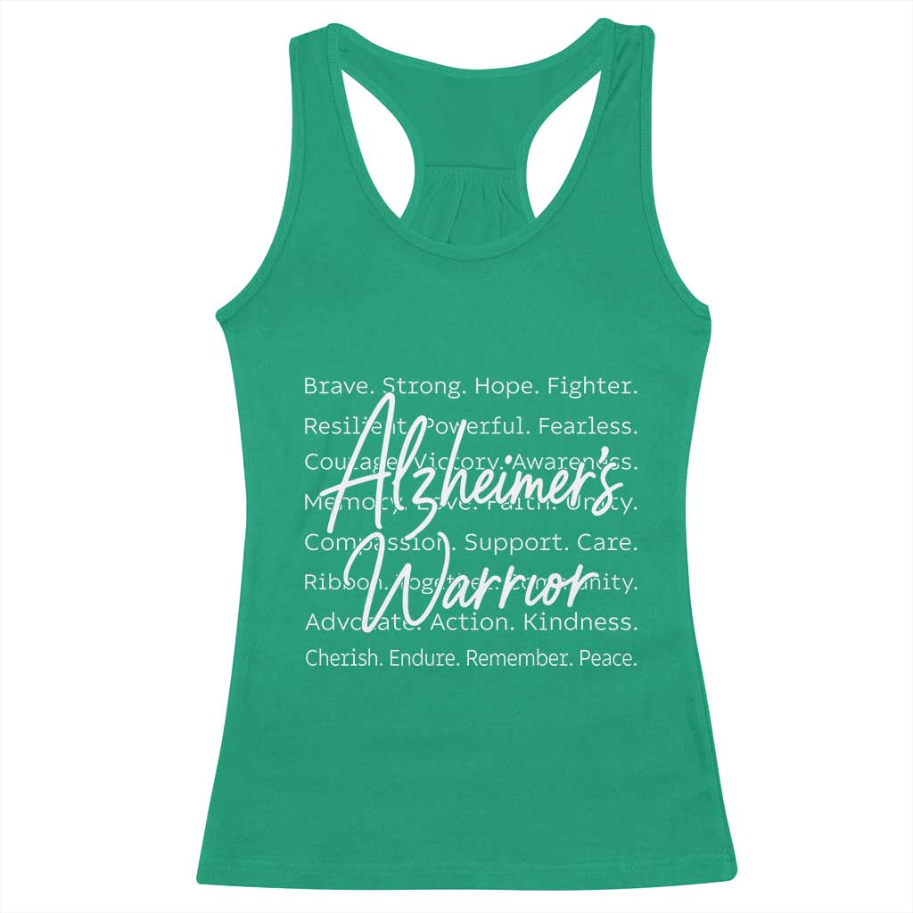 Alzheimers Warrior Purple Ribbon Support Word Cloud Typography Racerback Tank Top