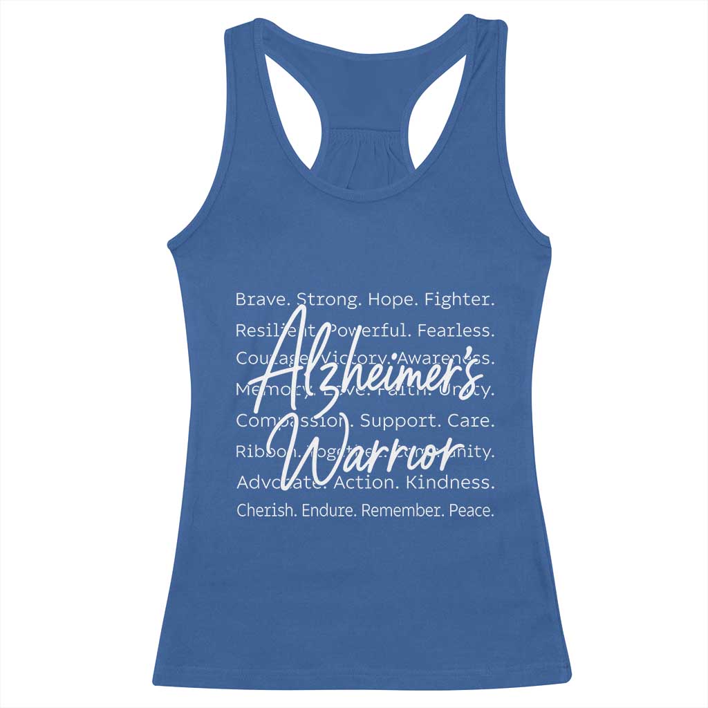Alzheimers Warrior Purple Ribbon Support Word Cloud Typography Racerback Tank Top
