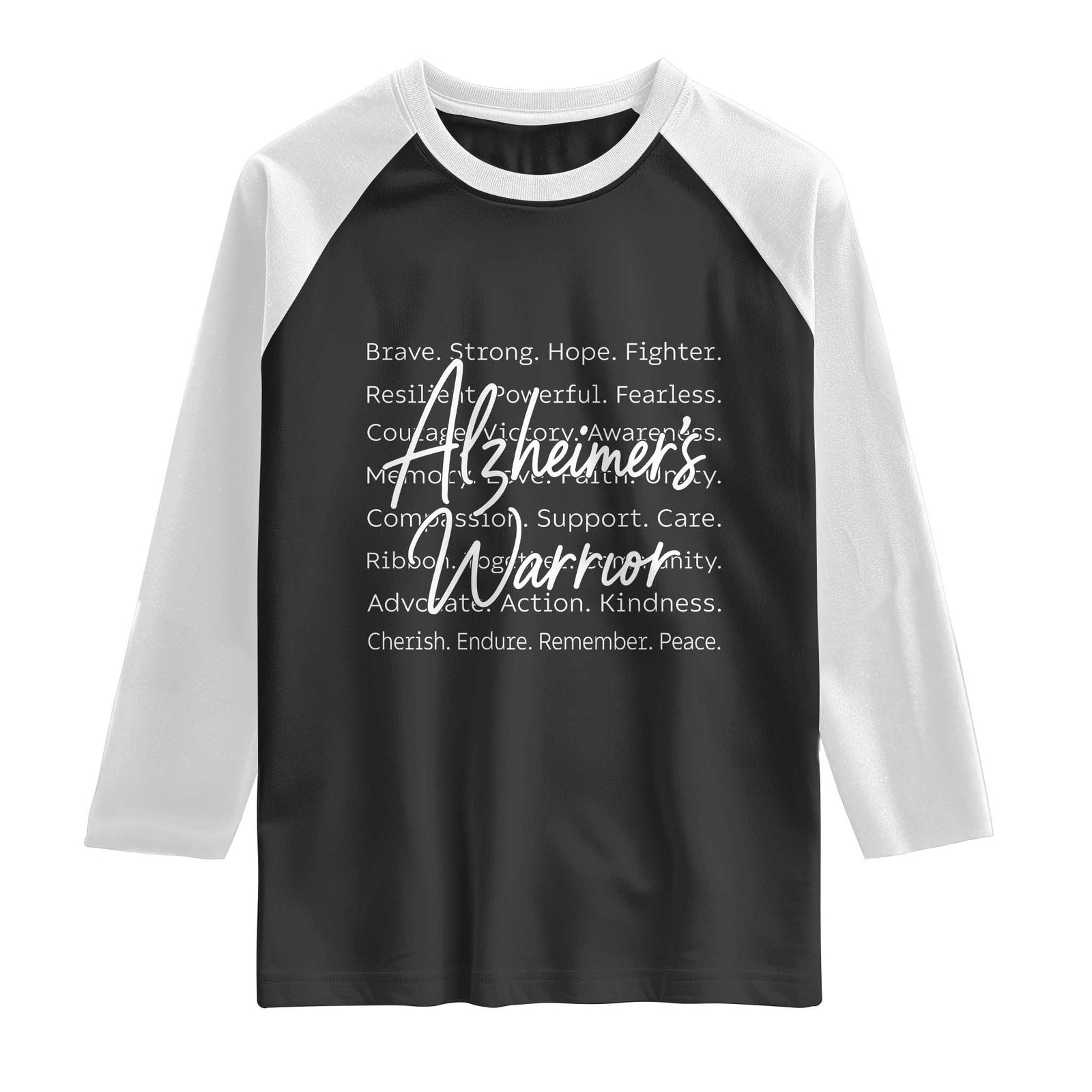 Alzheimers Warrior Purple Ribbon Support Word Cloud Typography Raglan Shirt TS12 Black White Print Your Wear