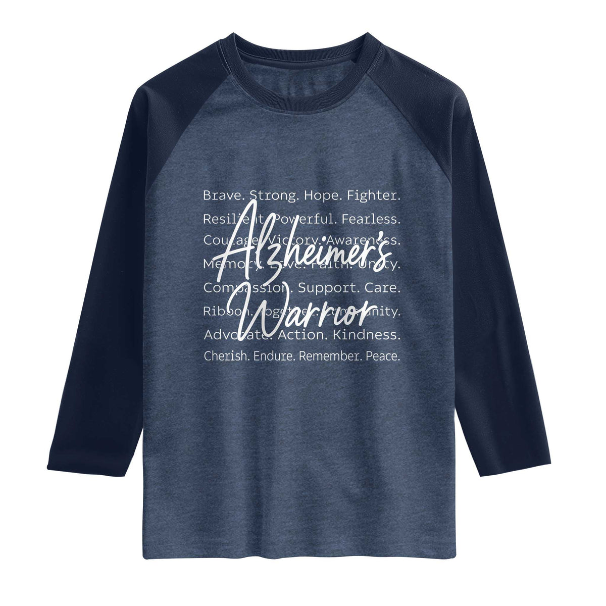 Alzheimers Warrior Purple Ribbon Support Word Cloud Typography Raglan Shirt