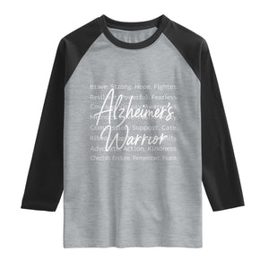 Alzheimers Warrior Purple Ribbon Support Word Cloud Typography Raglan Shirt