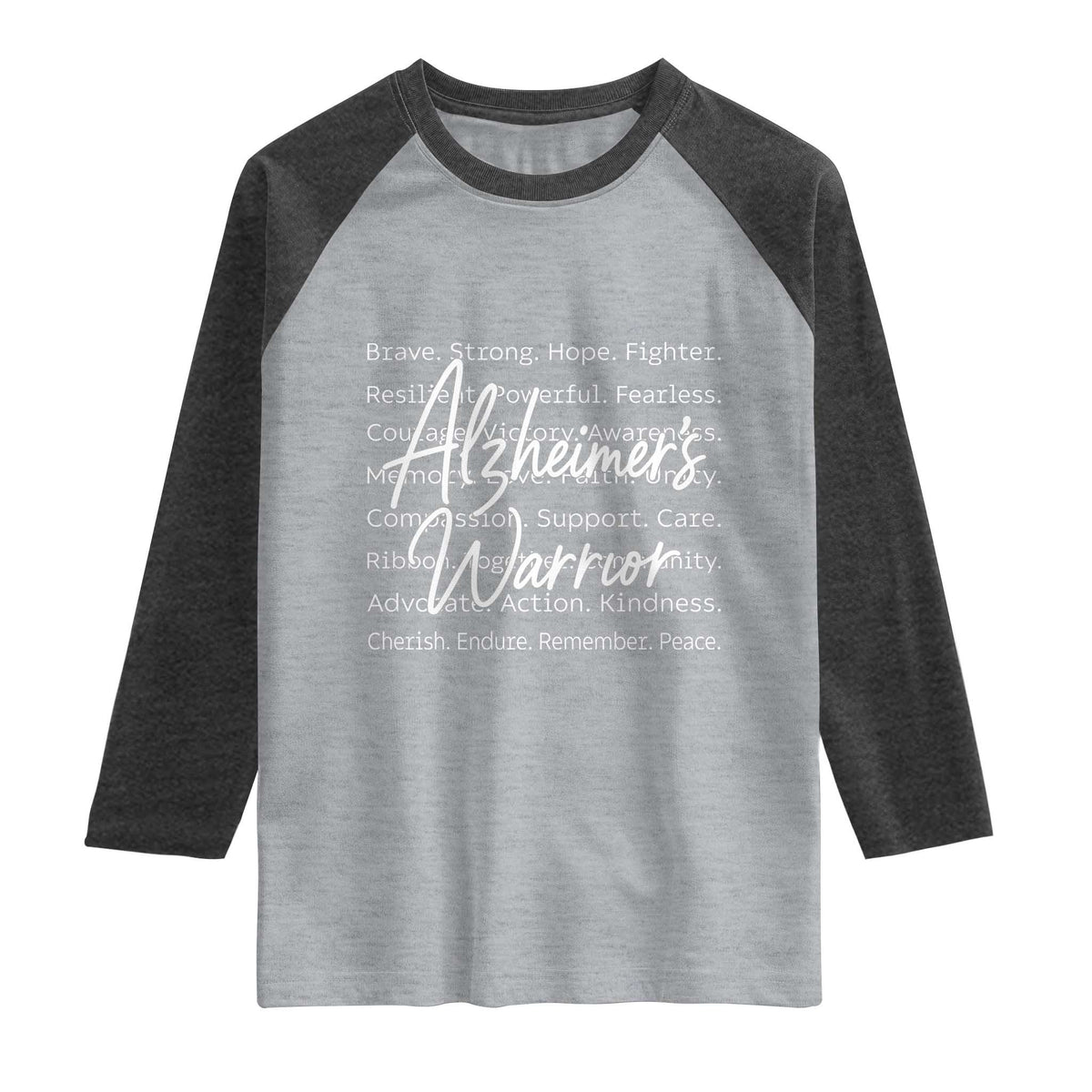 Alzheimers Warrior Purple Ribbon Support Word Cloud Typography Raglan Shirt