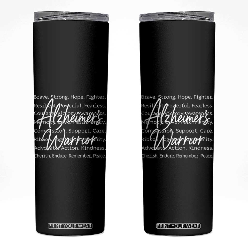 Alzheimers Warrior Purple Ribbon Support Word Cloud Typography Skinny Tumbler TS12 Black Print Your Wear