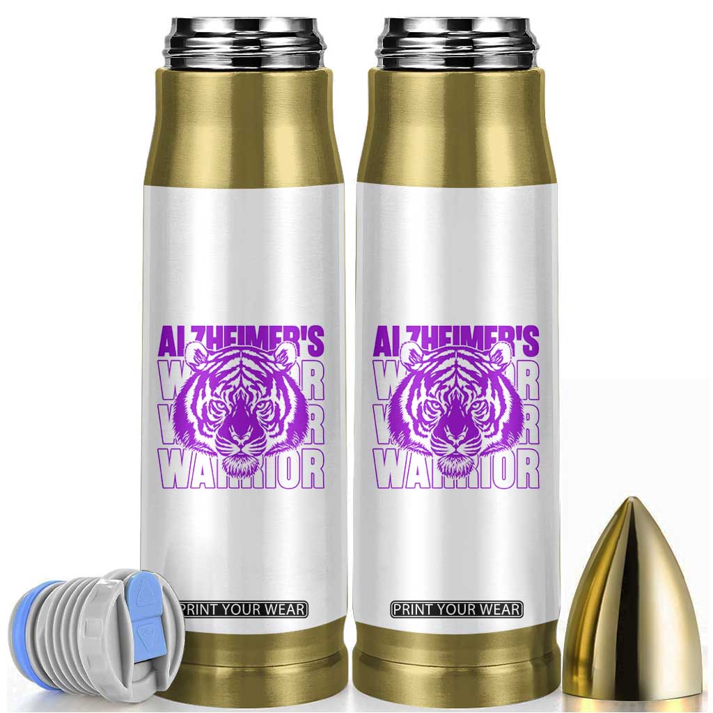 Alzheimer's Warrior Bullet Tumbler Purple Tiger Ribbon Support Graphic