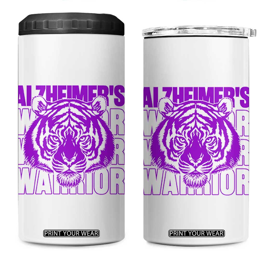 Alzheimer's Warrior 4 in 1 Can Cooler Tumbler Purple Tiger Ribbon Support Graphic