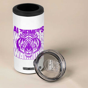 Alzheimer's Warrior 4 in 1 Can Cooler Tumbler Purple Tiger Ribbon Support Graphic