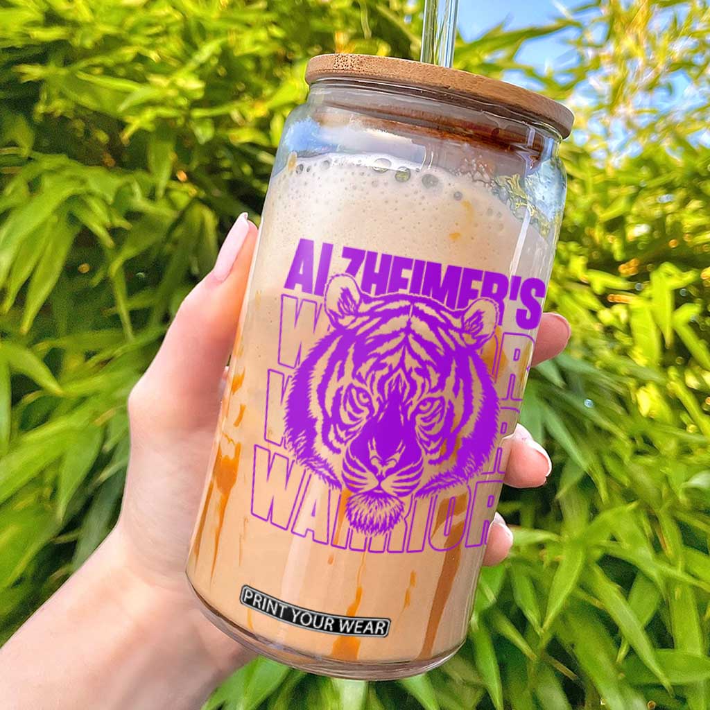 Alzheimer's Warrior Glass Can Purple Tiger Ribbon Support Graphic TS12 White Print Your Wear