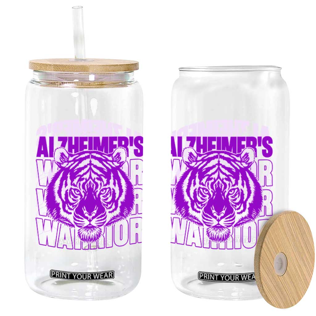 Alzheimer's Warrior Glass Can Purple Tiger Ribbon Support Graphic