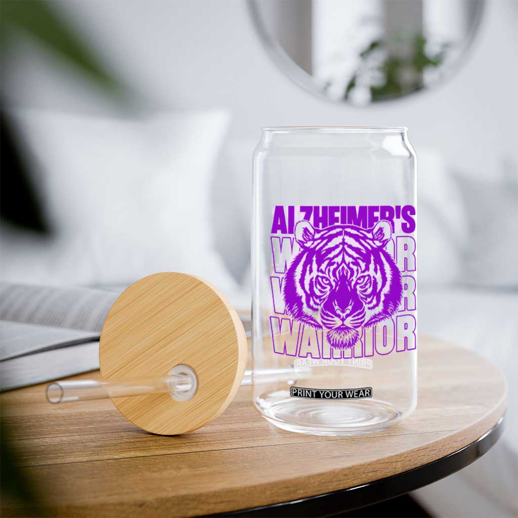 Alzheimer's Warrior Glass Can Purple Tiger Ribbon Support Graphic