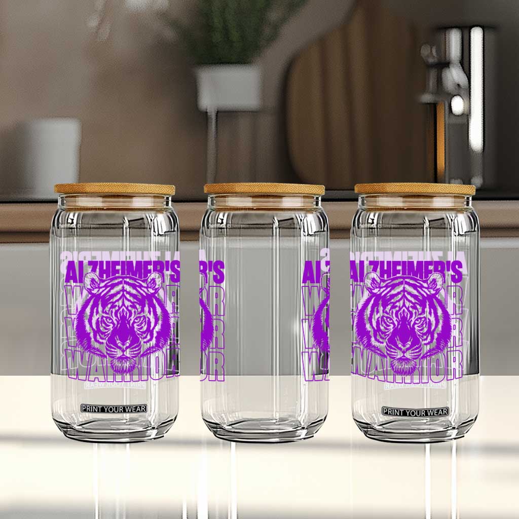 Alzheimer's Warrior Glass Can Purple Tiger Ribbon Support Graphic
