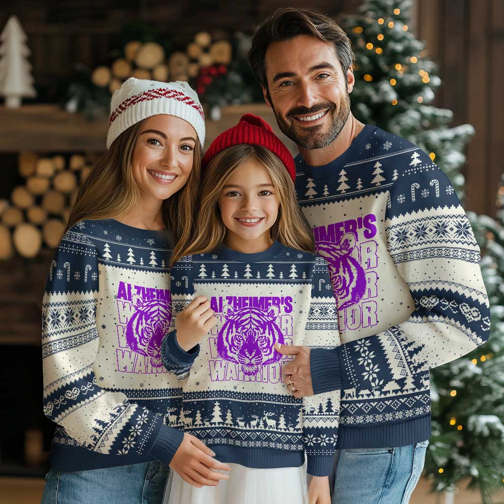 Alzheimer's Warrior Ugly Christmas Sweater Purple Tiger Ribbon Support Graphic
