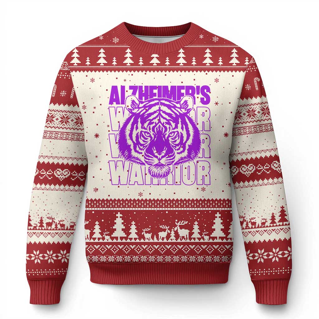 Alzheimer's Warrior Ugly Christmas Sweater Purple Tiger Ribbon Support Graphic