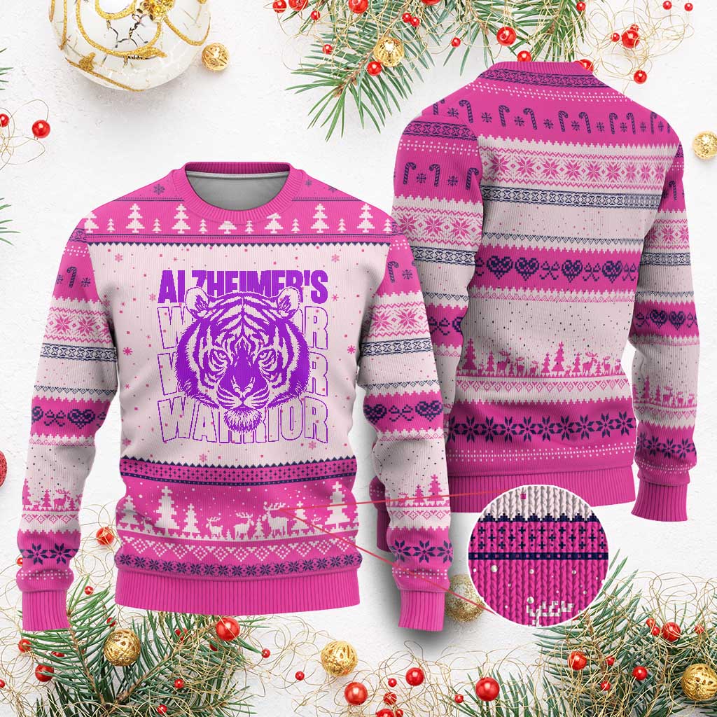 Alzheimer's Warrior Ugly Christmas Sweater Purple Tiger Ribbon Support Graphic