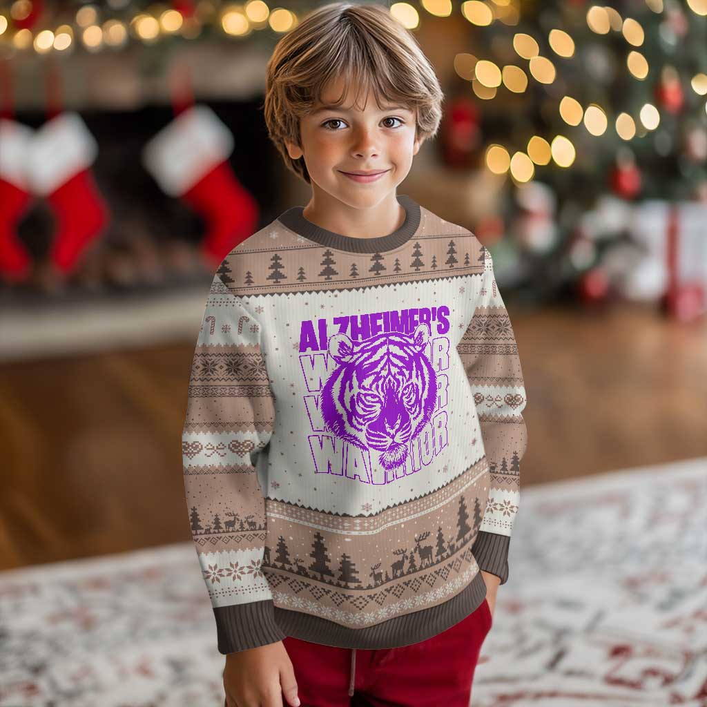 Alzheimer's Warrior Ugly Christmas Sweater Purple Tiger Ribbon Support Graphic