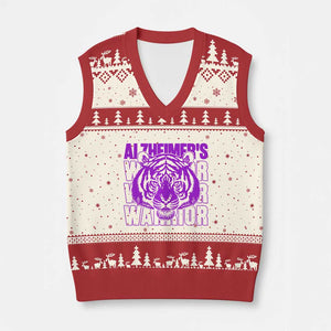 Alzheimer's Warrior V-Neck Knit Sweater Vest Purple Tiger Ribbon Support Graphic