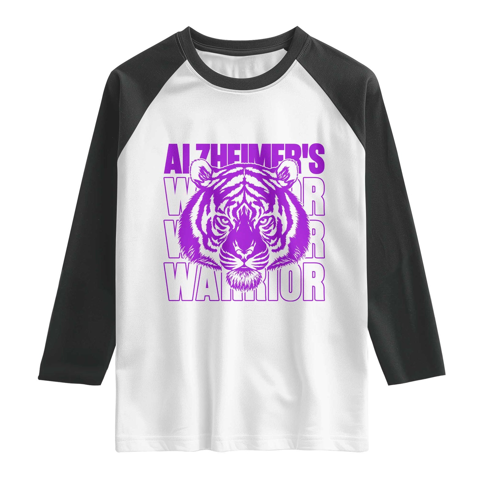 Alzheimer's Warrior Raglan Shirt Purple Tiger Ribbon Support Graphic TS12 White Black Print Your Wear