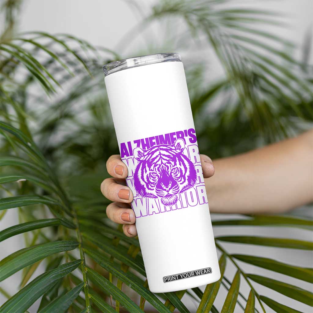Alzheimer's Warrior Skinny Tumbler Purple Tiger Ribbon Support Graphic