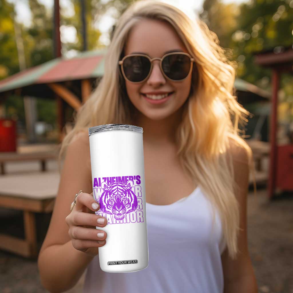Alzheimer's Warrior Skinny Tumbler Purple Tiger Ribbon Support Graphic