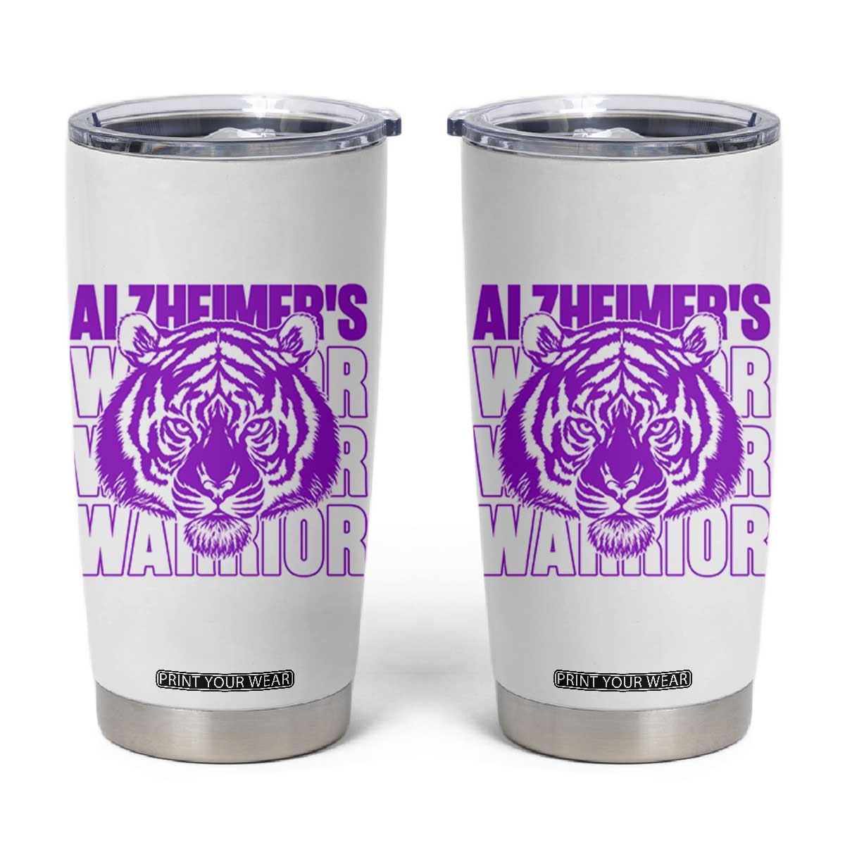 Alzheimer's Warrior Tumbler Cup Purple Tiger Ribbon Support Graphic