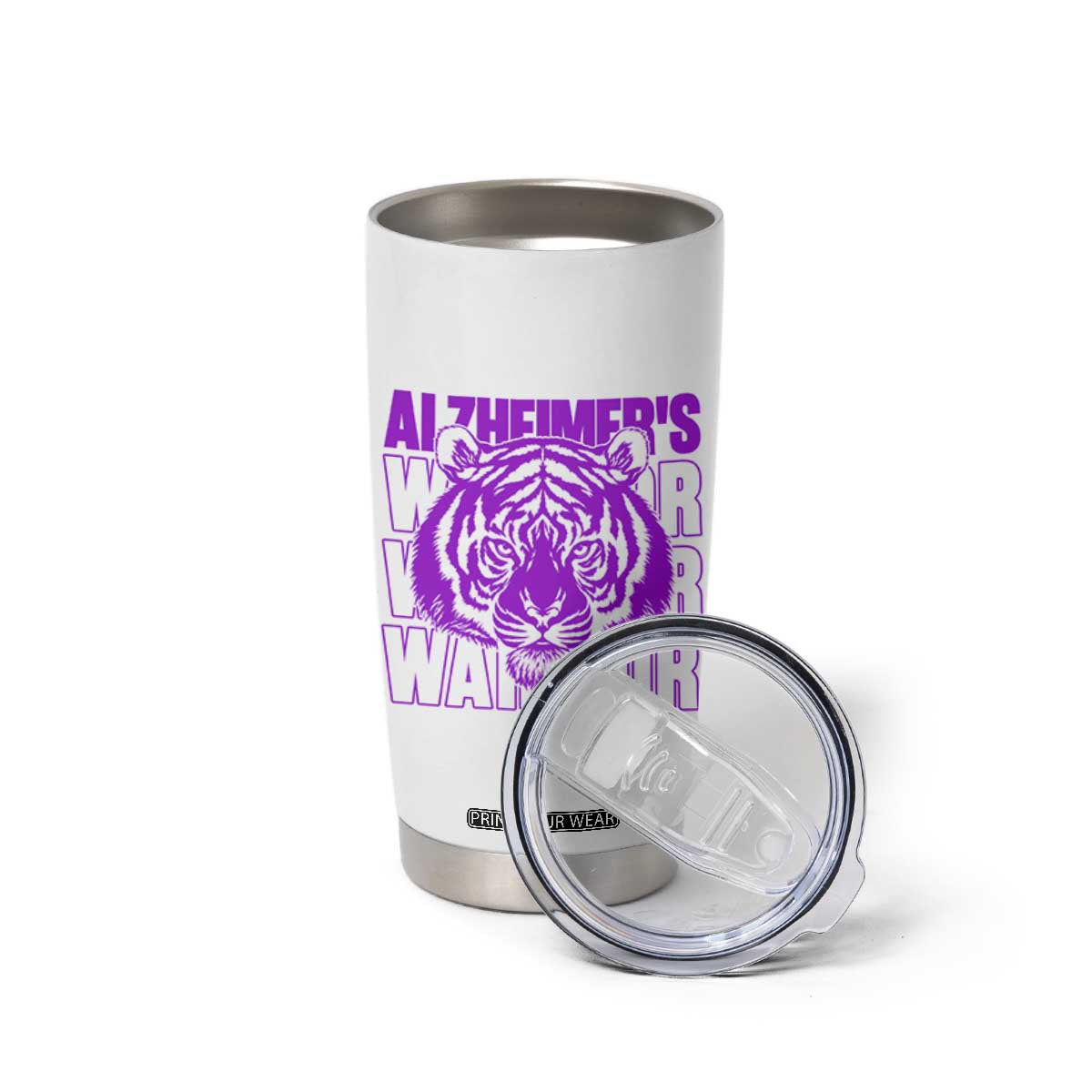 Alzheimer's Warrior Tumbler Cup Purple Tiger Ribbon Support Graphic