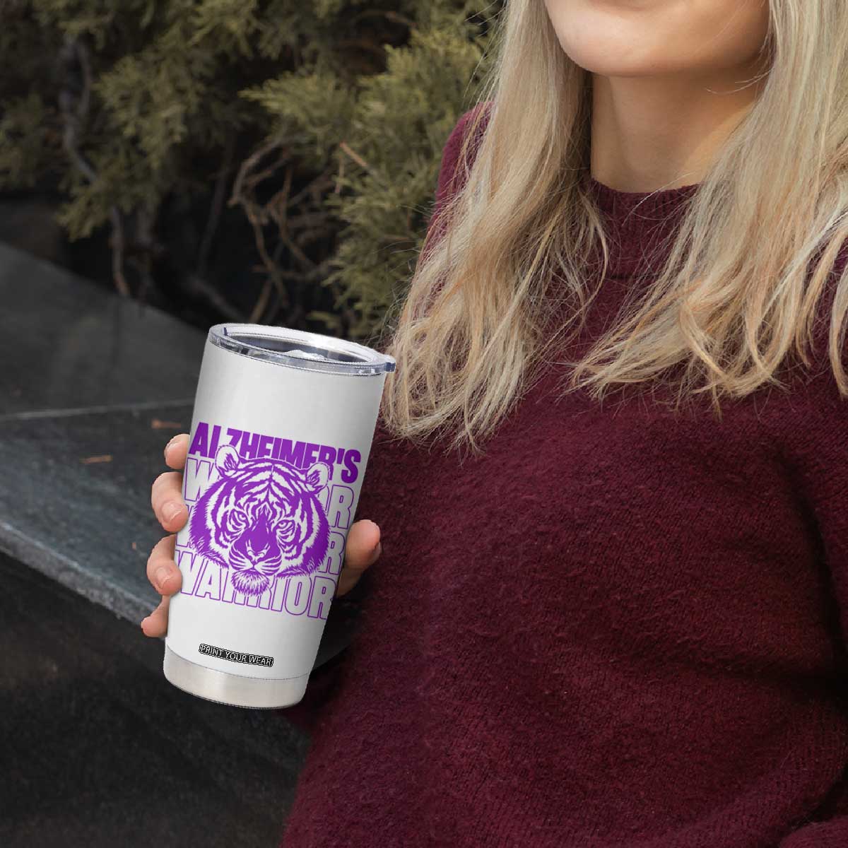 Alzheimer's Warrior Tumbler Cup Purple Tiger Ribbon Support Graphic