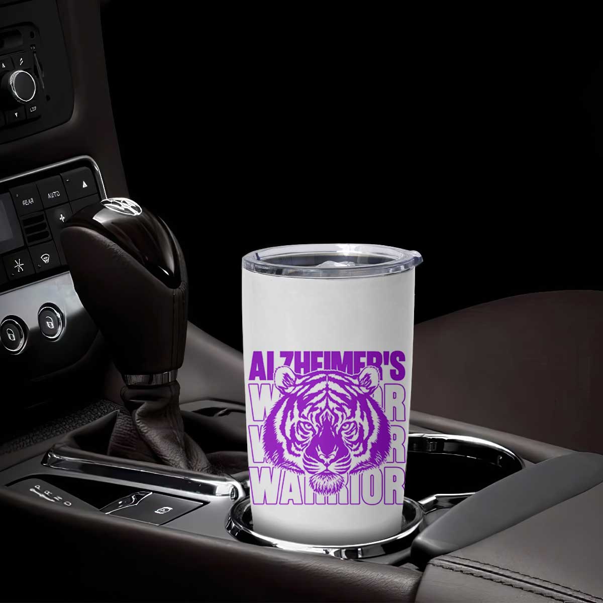 Alzheimer's Warrior Tumbler Cup Purple Tiger Ribbon Support Graphic
