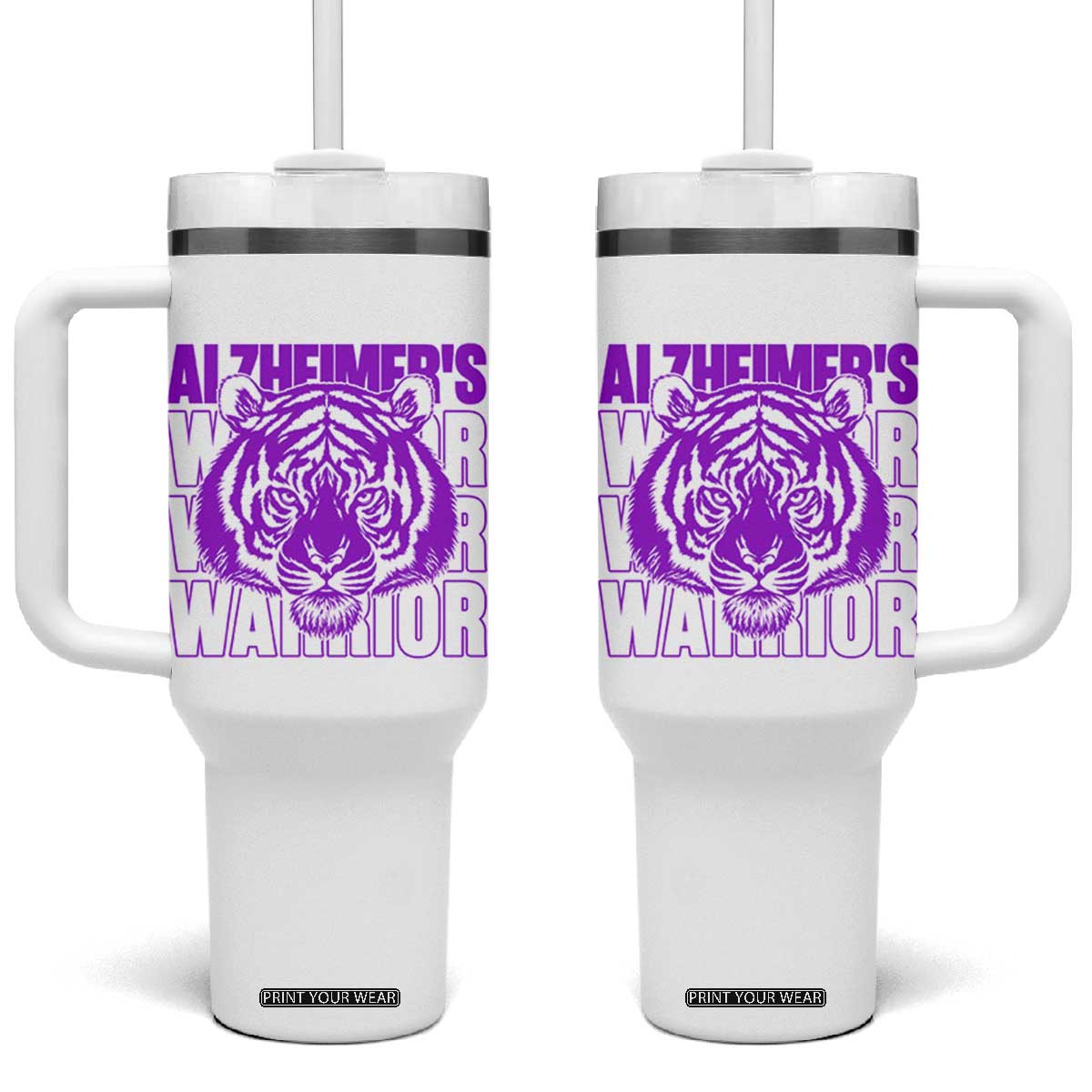Alzheimer's Warrior Tumbler With Handle Purple Tiger Ribbon Support Graphic