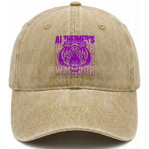 Alzheimer's Warrior Washed Cotton Baseball Cap Purple Tiger Ribbon Support Graphic