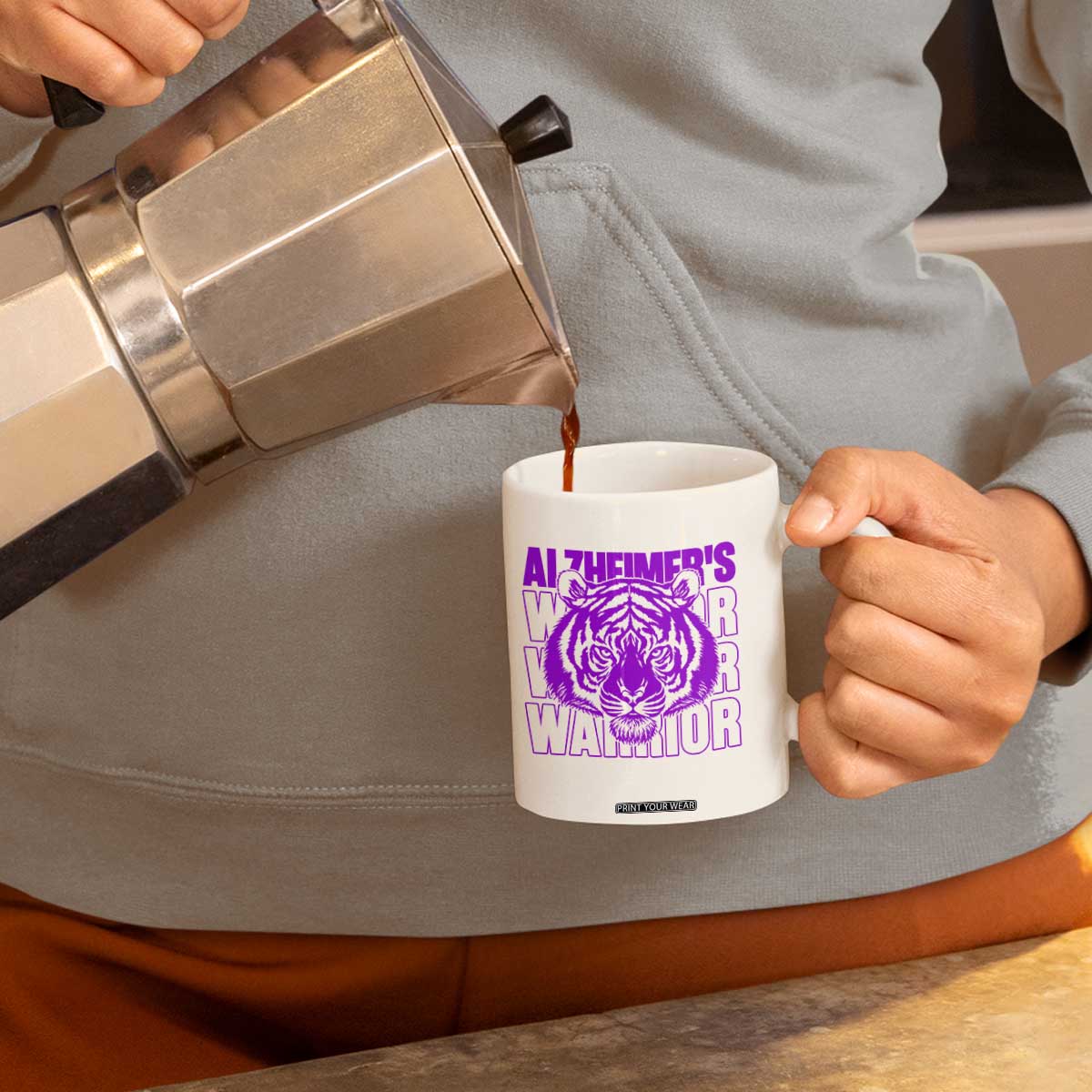Alzheimer's Warrior Coffee Mug Purple Tiger Ribbon Support Graphic