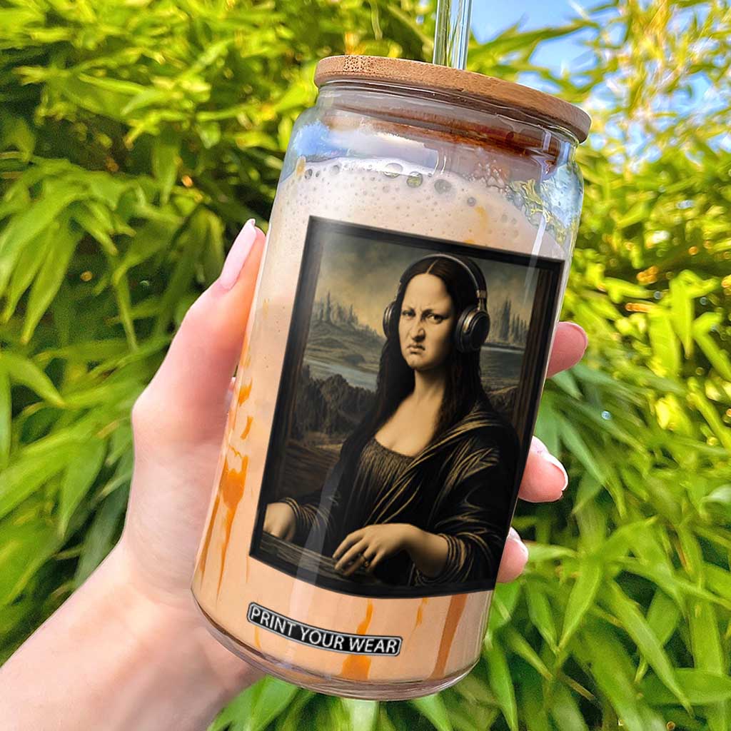 Funny Mona Lisa Bass Face Glass Can Vintage DJ Producer Music Lover Gift
