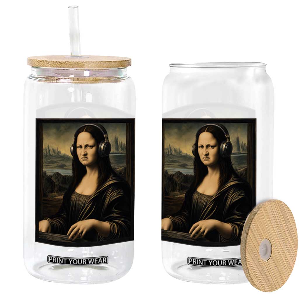 Funny Mona Lisa Bass Face Glass Can Vintage DJ Producer Music Lover Gift