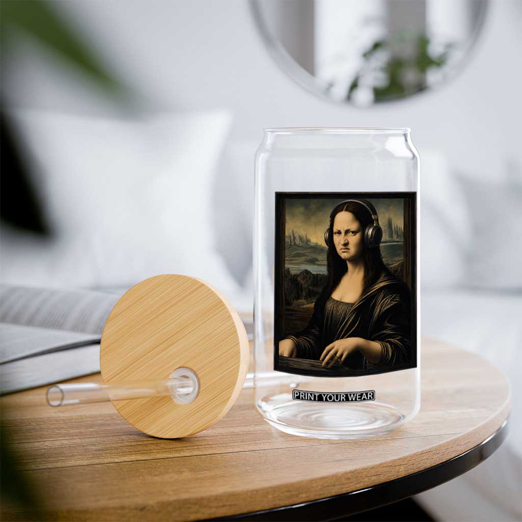 Funny Mona Lisa Bass Face Glass Can Vintage DJ Producer Music Lover Gift