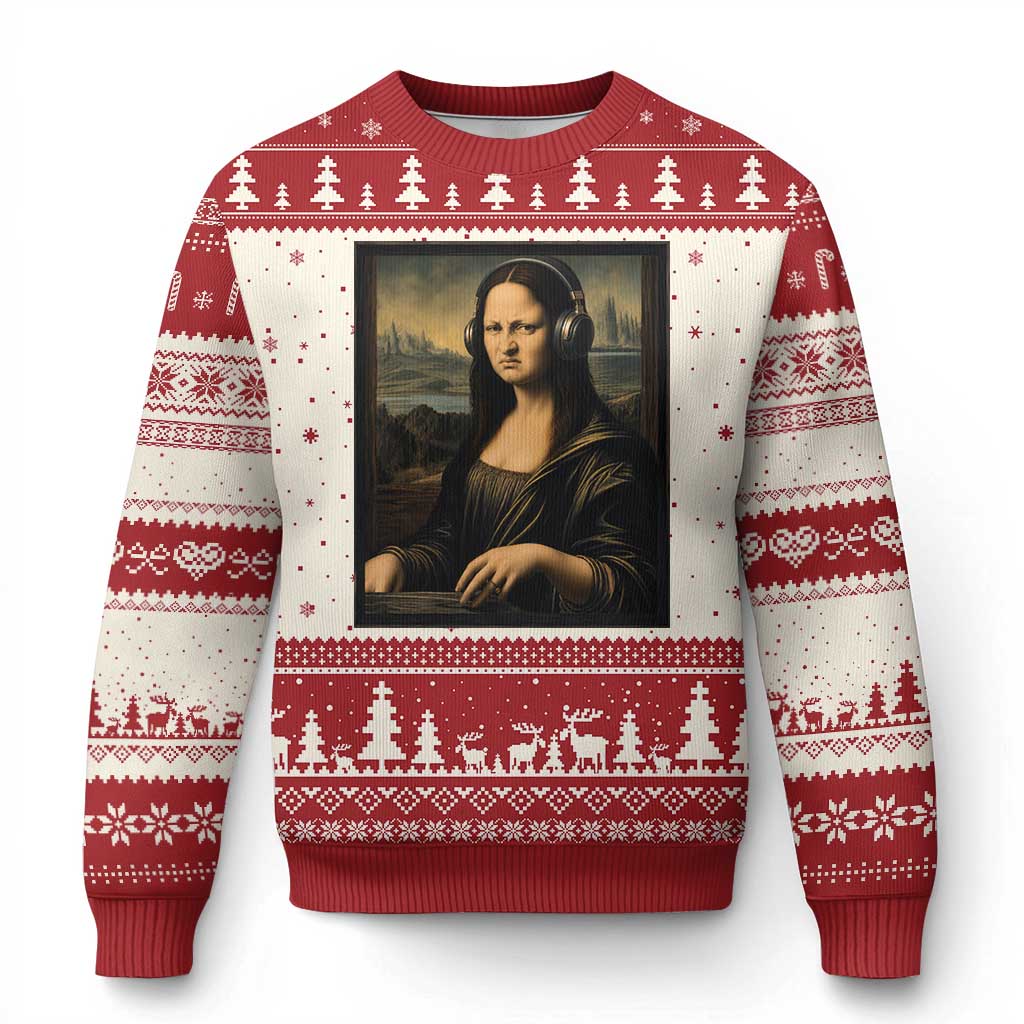 Funny Mona Lisa Bass Face Ugly Christmas Sweater Vintage DJ Producer Music Lover Gift TS12 Beige Red Print Your Wear