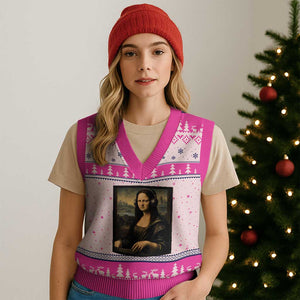 Funny Mona Lisa Bass Face V-Neck Knit Sweater Vest Vintage DJ Producer Music Lover Gift