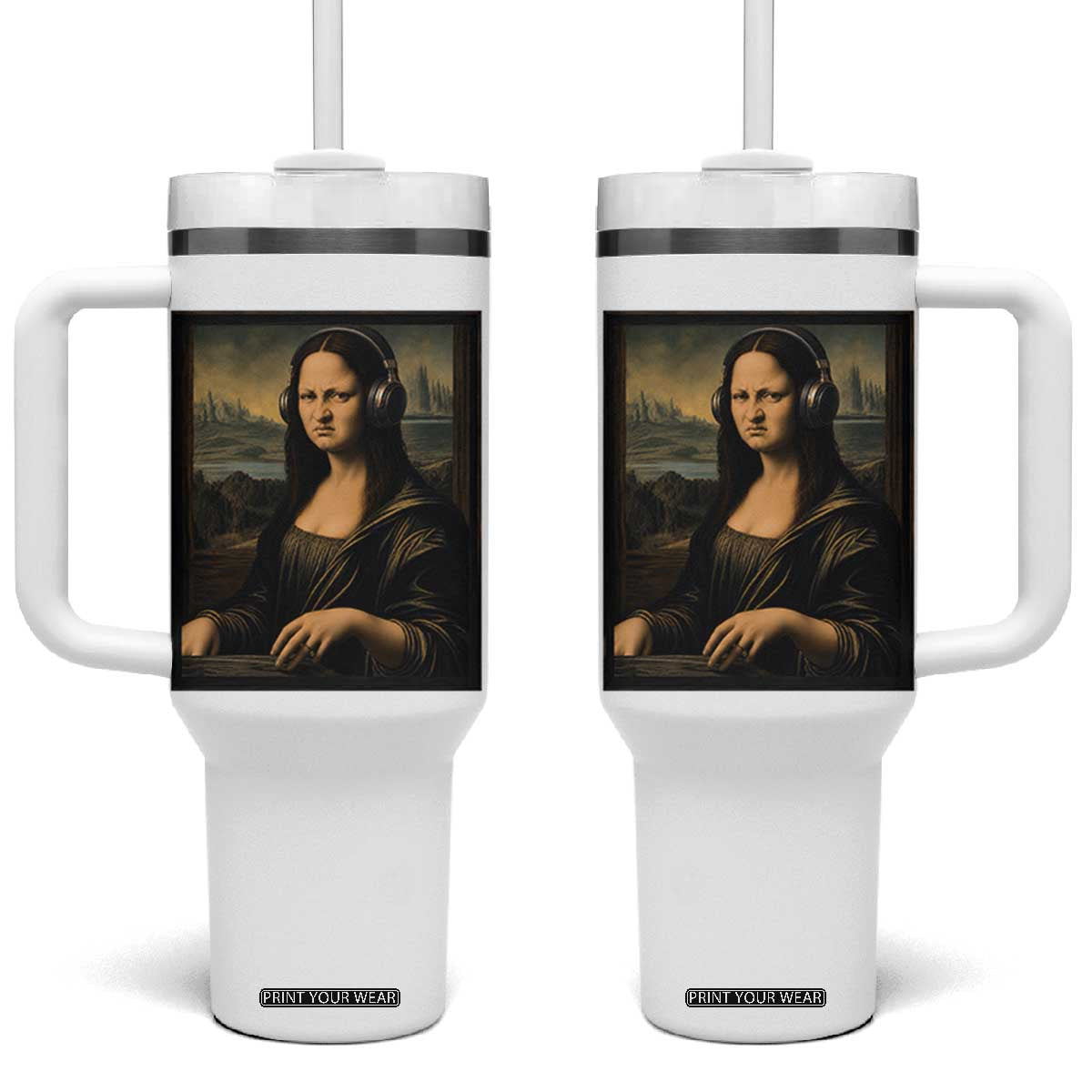 Funny Mona Lisa Bass Face Tumbler With Handle Vintage DJ Producer Music Lover Gift