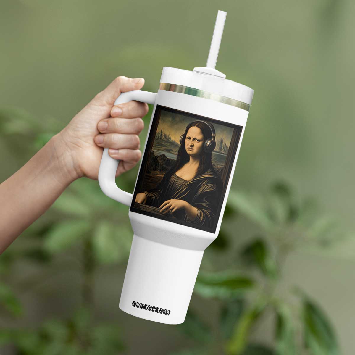 Funny Mona Lisa Bass Face Tumbler With Handle Vintage DJ Producer Music Lover Gift