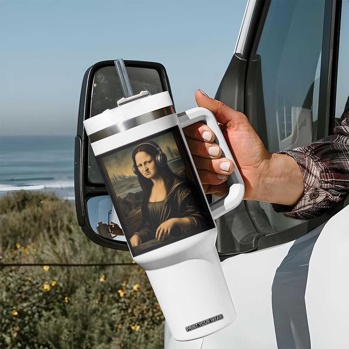Funny Mona Lisa Bass Face Tumbler With Handle Vintage DJ Producer Music Lover Gift