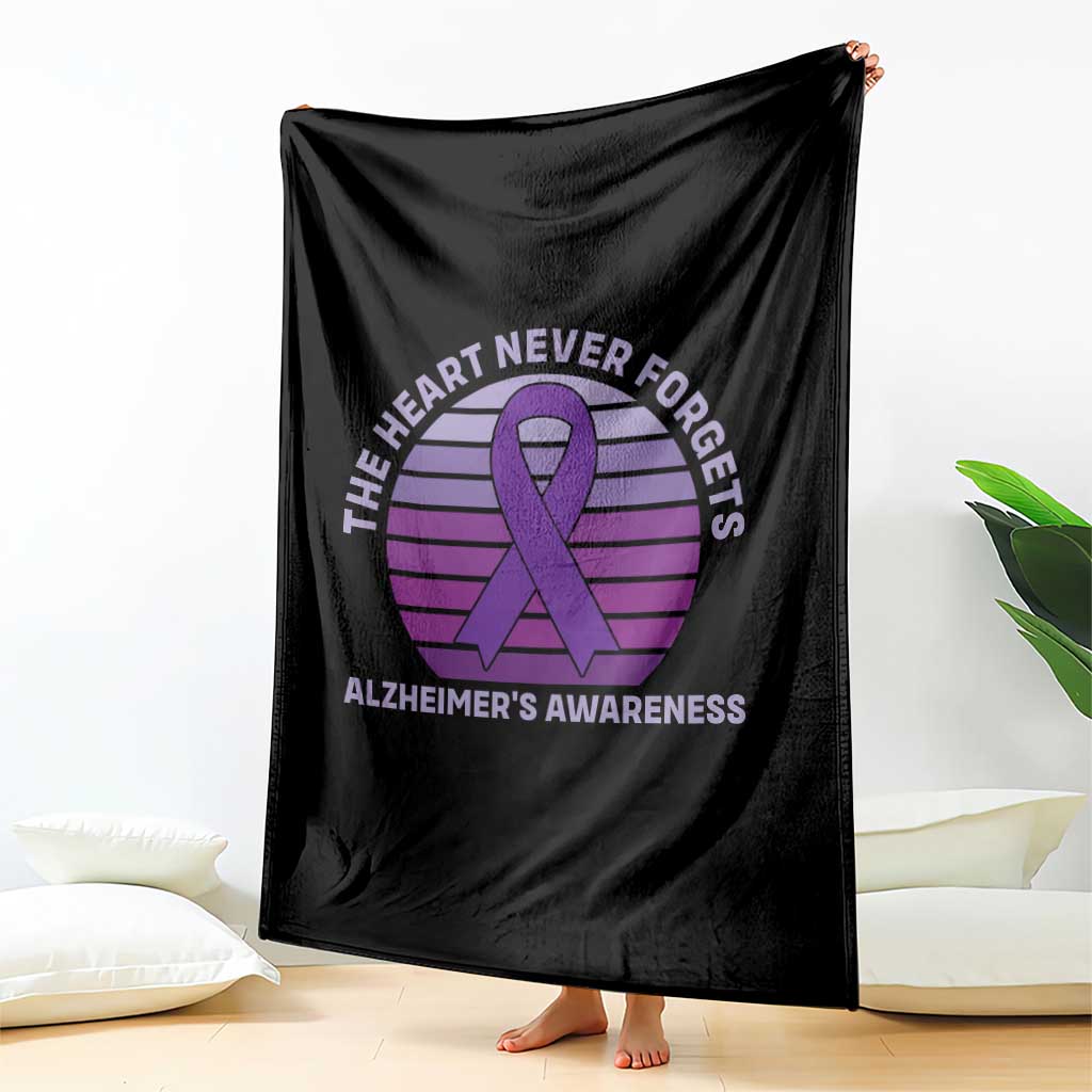 The Heart Never Forgets Alzheimers Support Throw Blanket Vintage Sunset Purple Ribbon Graphic