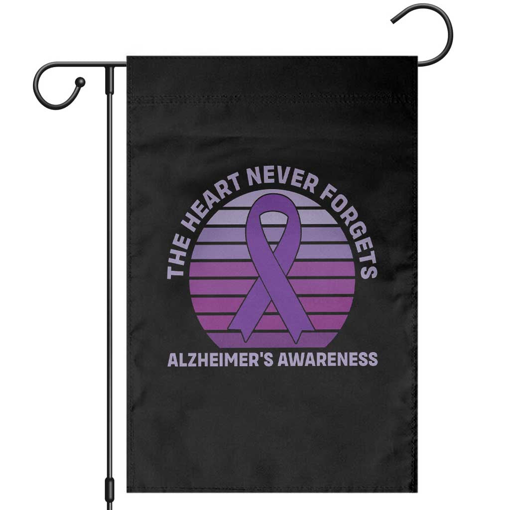 The Heart Never Forgets Alzheimers Support Garden Flag Vintage Sunset Purple Ribbon Graphic TS12 Black Print Your Wear