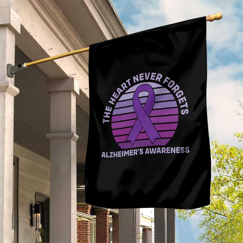 The Heart Never Forgets Alzheimers Support Garden Flag Vintage Sunset Purple Ribbon Graphic