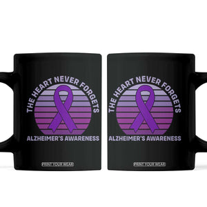 The Heart Never Forgets Alzheimers Support Coffee Mug Vintage Sunset Purple Ribbon Graphic
