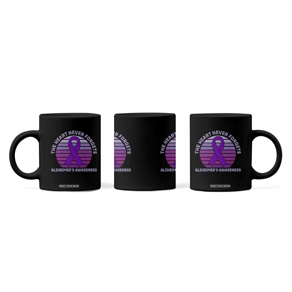 The Heart Never Forgets Alzheimers Support Coffee Mug Vintage Sunset Purple Ribbon Graphic