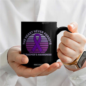 The Heart Never Forgets Alzheimers Support Coffee Mug Vintage Sunset Purple Ribbon Graphic