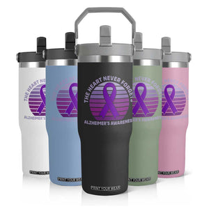 The Heart Never Forgets Alzheimers Support Flip Straw Tumbler Vintage Sunset Purple Ribbon Graphic